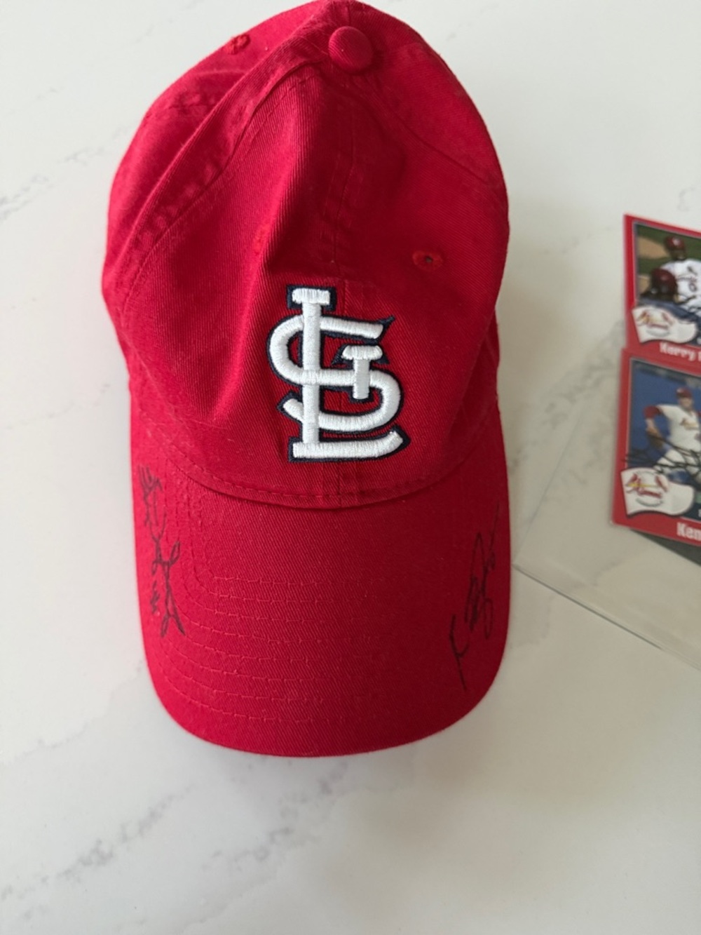 St. Louis Cardinals Baseball Cap with White Logo autographed by 2 w/ cards.